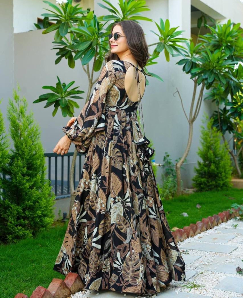 Multi Print Color Fox Georgette Maxi With Digital Print Flower Shade Printed Gown With Beautiful Sleeves