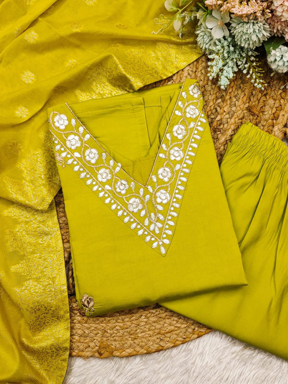 Florence Color Heavy Cotton Roman Silk Zari Weaving Top Bottom With Jacquard Chanderi Dupatta