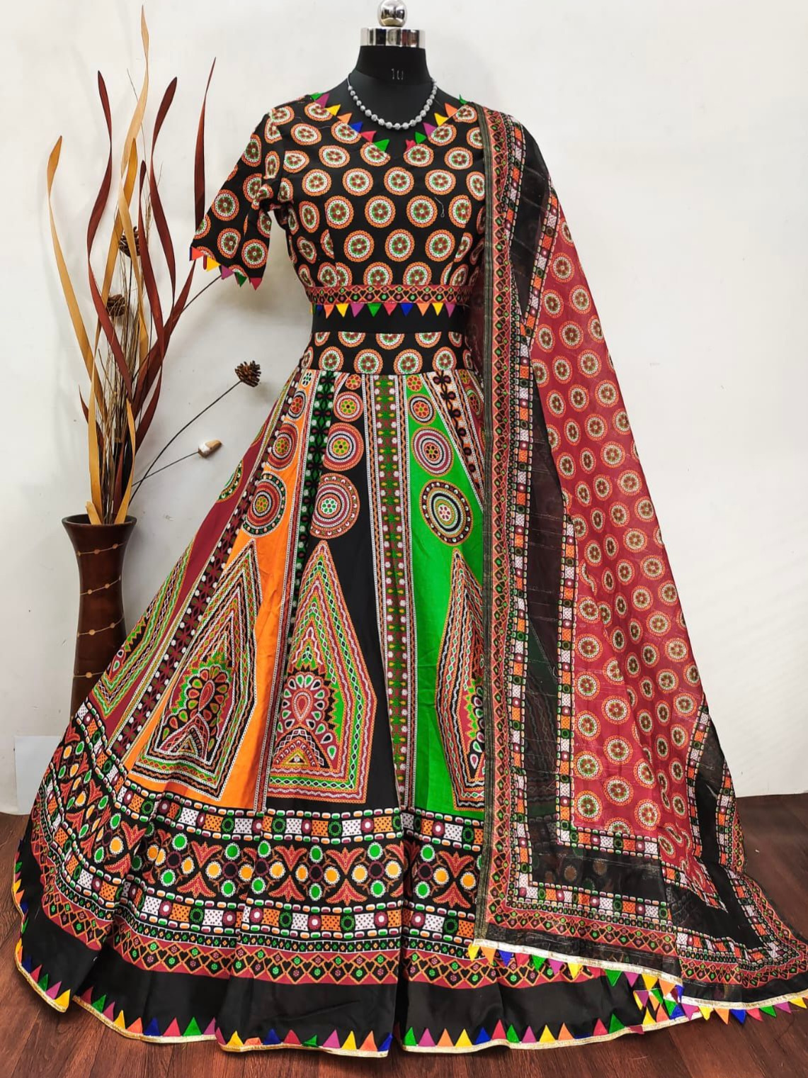 Multi Color Heavy Cotton Digital Print Navaratri Lehenga With Blouse & Chanderi Sequence Dupatta