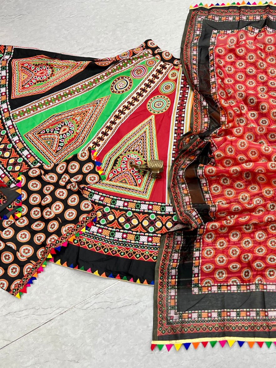 Multi Color Heavy Cotton Digital Print Navaratri Lehenga With Blouse & Chanderi Sequence Dupatta