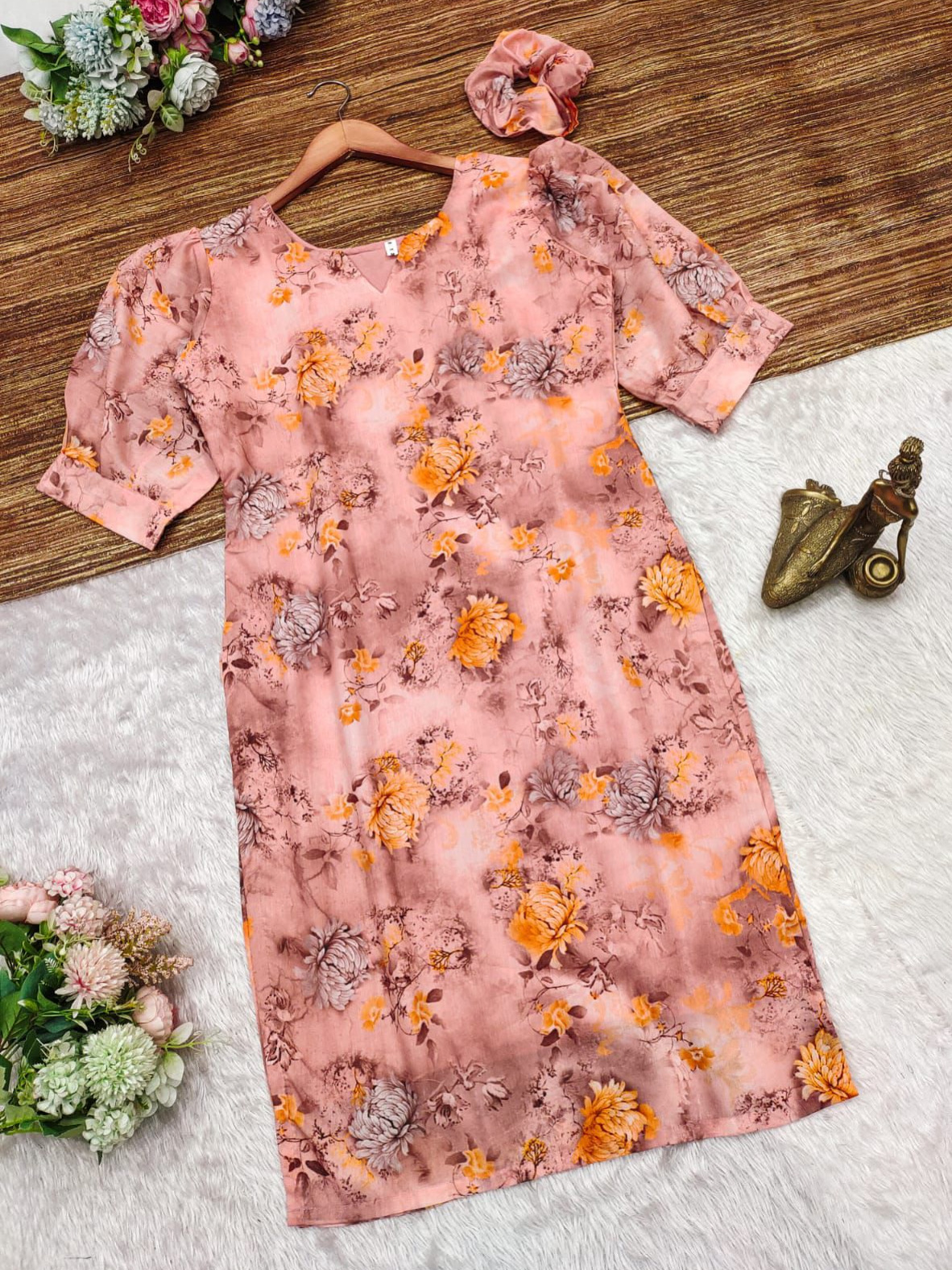 Golden Dust Color Cotton Digital Print Flower Exquiste Flower Print Kurti With Scrunchy Accessory