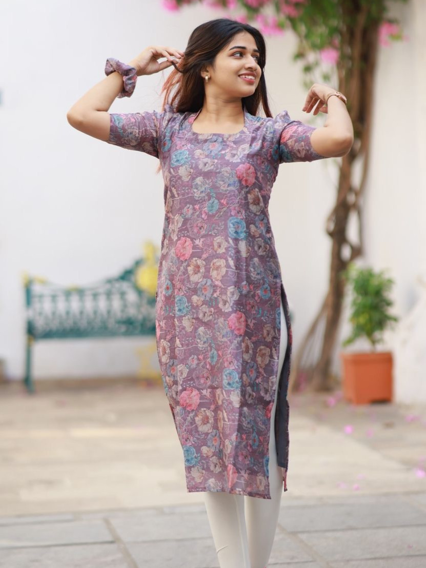 Graphite Color Cotton Digital Print Flower Exquiste Flower Print Kurti With Scrunchy Accessory