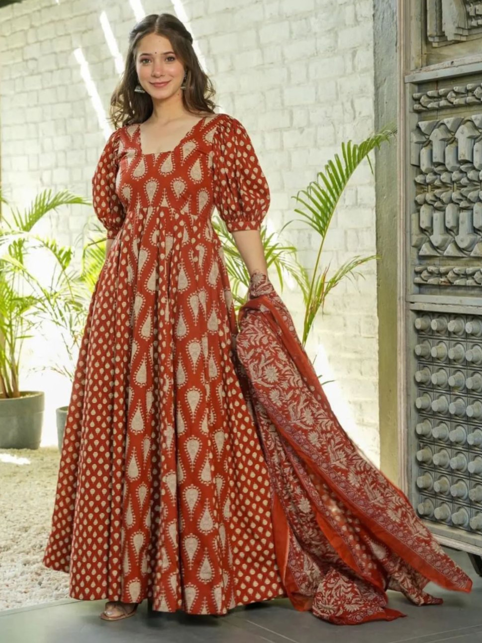 Rust Color Heavy Flaired Anarkali Cotton Print Gown With Dupatta