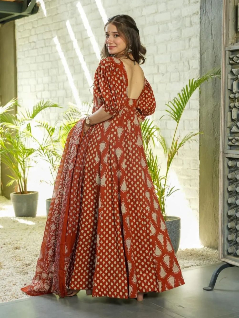 Rust Color Heavy Flaired Anarkali Cotton Print Gown With Dupatta