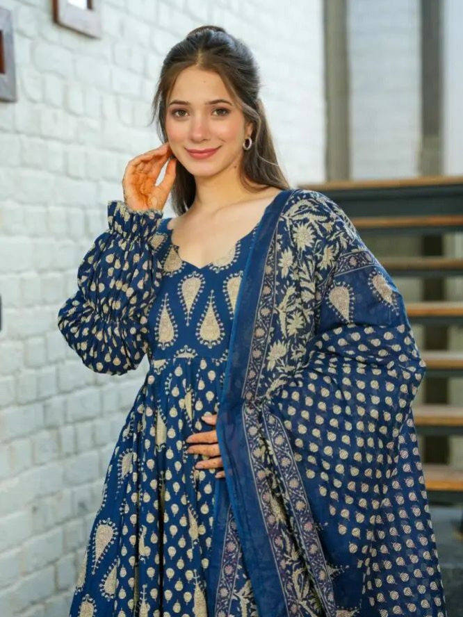 Blue Color Heavy Flaired Anarkali Cotton Print Gown With Dupatta