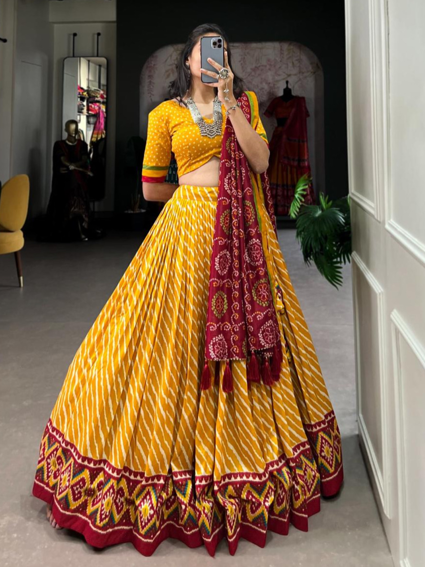 Yellow Color Lehriya Design Navratri Concept Cotton Digital Print Lehenga Blouse Dupatta Set