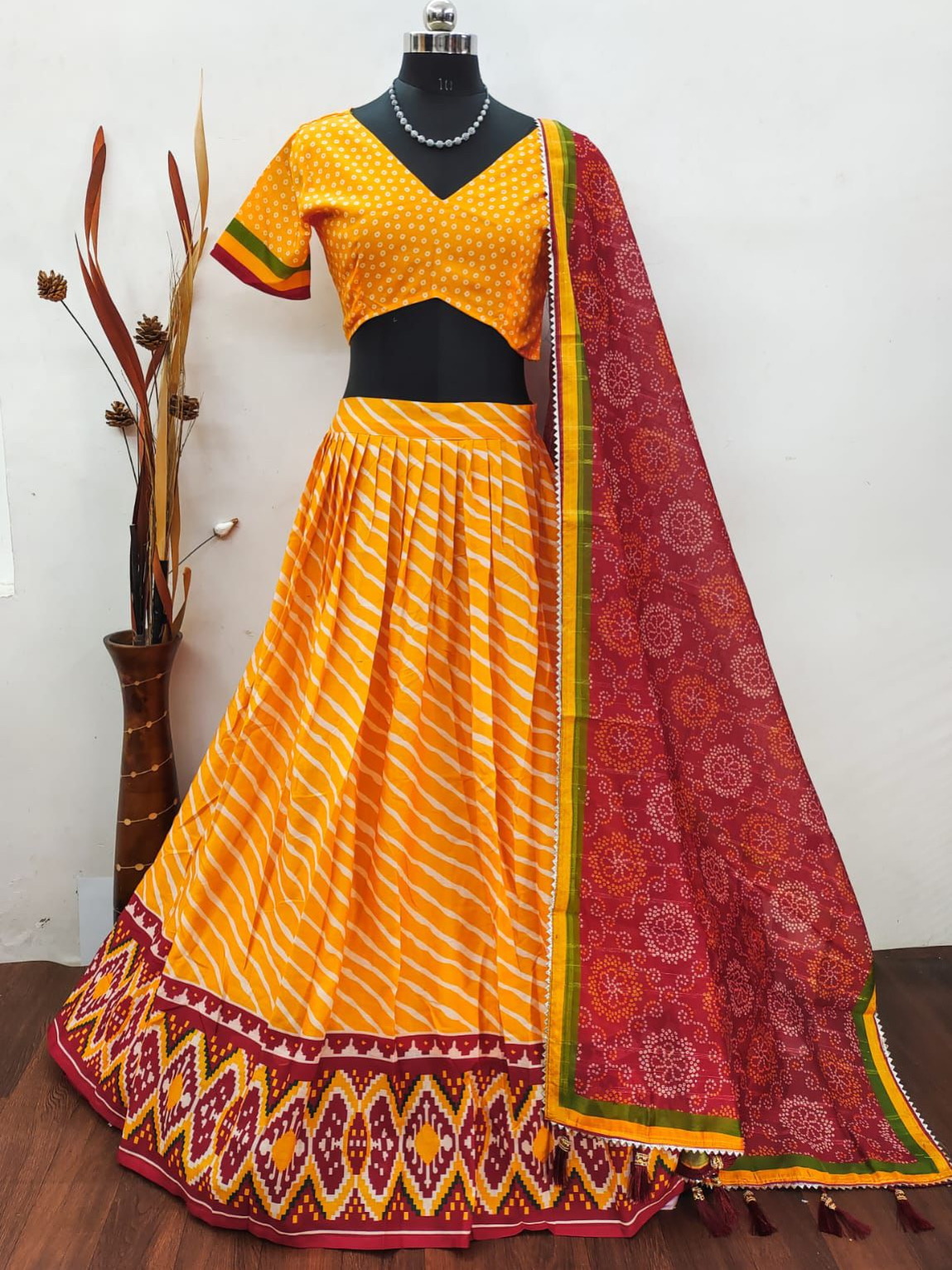 Yellow Color Lehriya Design Navratri Concept Cotton Digital Print Lehenga Blouse Dupatta Set