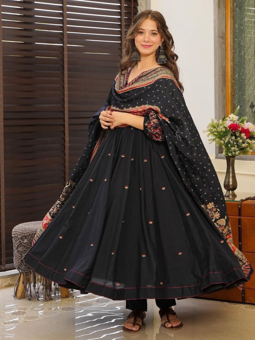 Black Color Anarkali Gown Style Kurta Cotton With Pant & Chanderi Sequence Dupatta