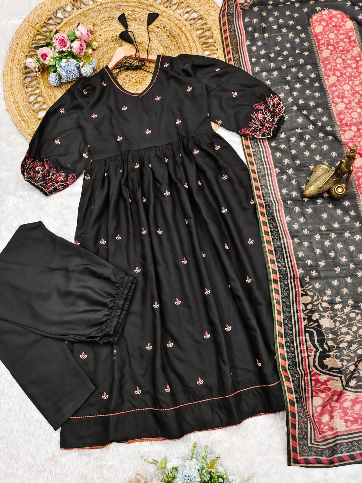 Black Color Anarkali Gown Style Kurta Cotton With Pant & Chanderi Sequence Dupatta