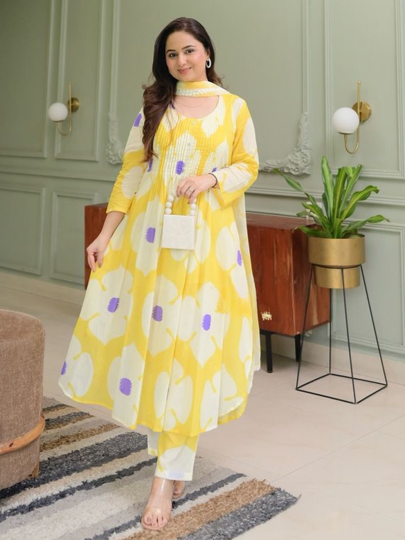 Yellow Color Floral Print Georgette Full Lining Suit Set With Pant & Dupatta