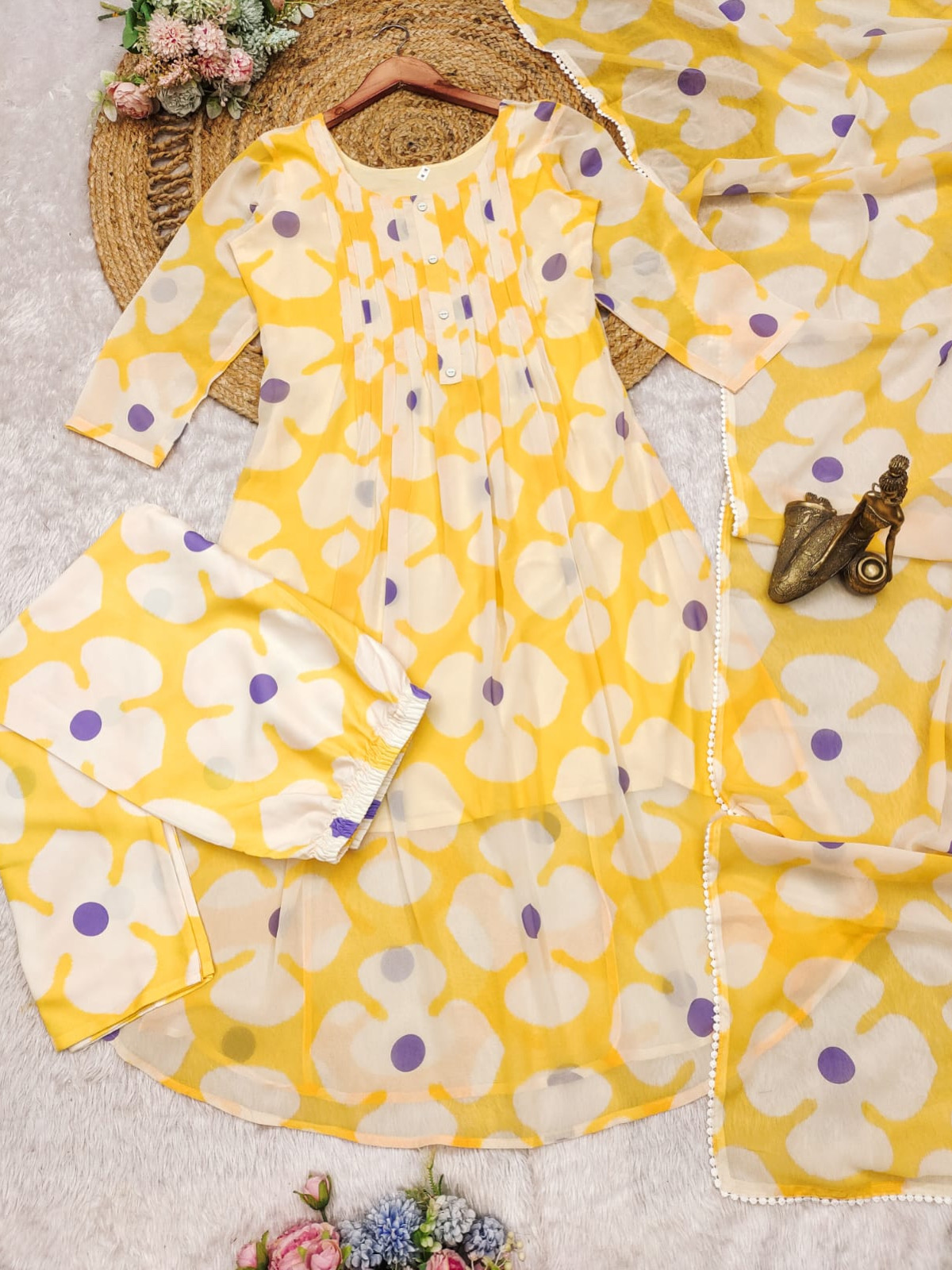 Yellow Color Floral Print Georgette Full Lining Suit Set With Pant & Dupatta