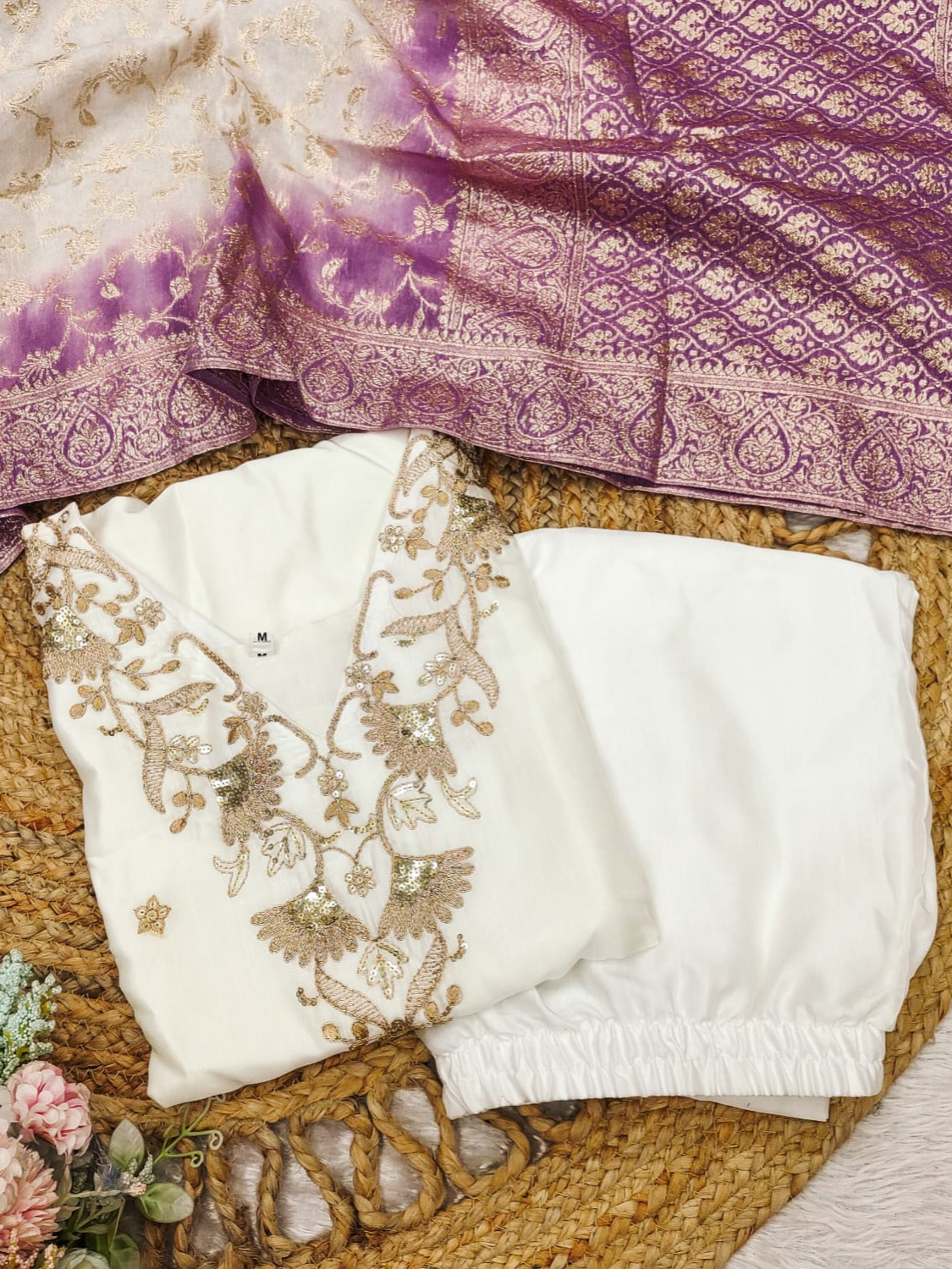 White Color Premium Cotton Roman Silk With Sequence Coding Work Suit Set & Banarasi Dupatta