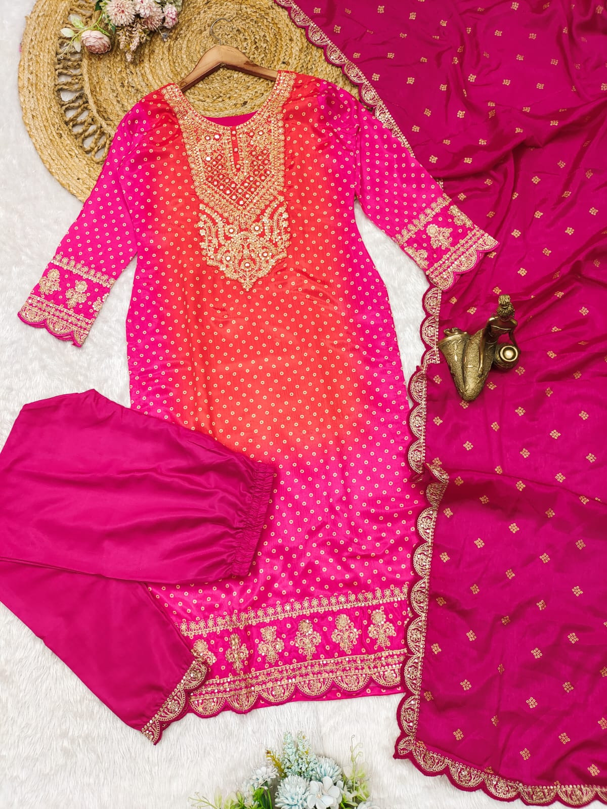 Orange Rani Contrast Color Combination Heavy Chinon Print Embroidery Suit Set With Full Lining & Pant Dupatta Set