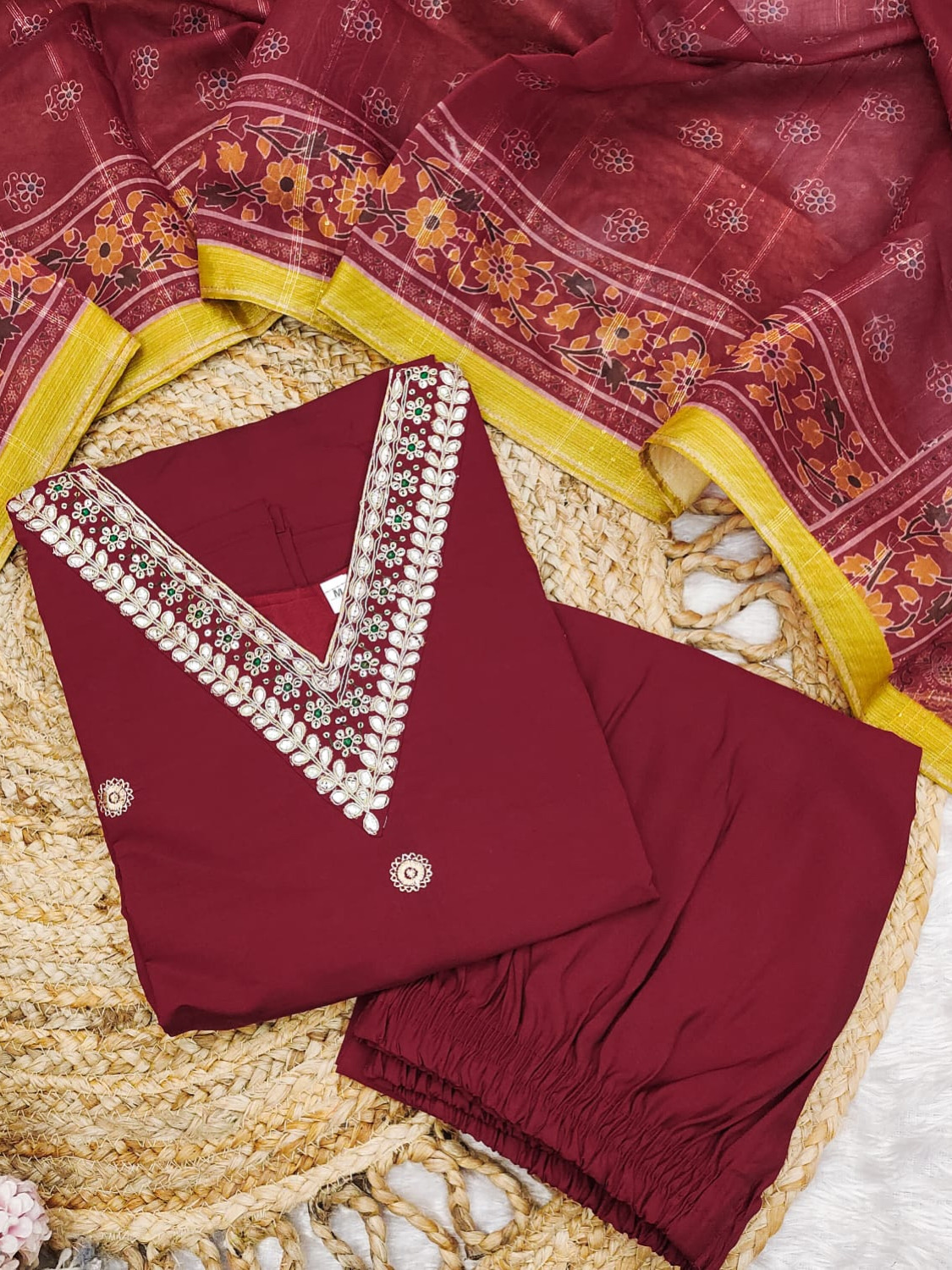 Mahroon Color Heavy Roman Silk With Embroidery Suit Set & Banarasi Jacquard Dupatta