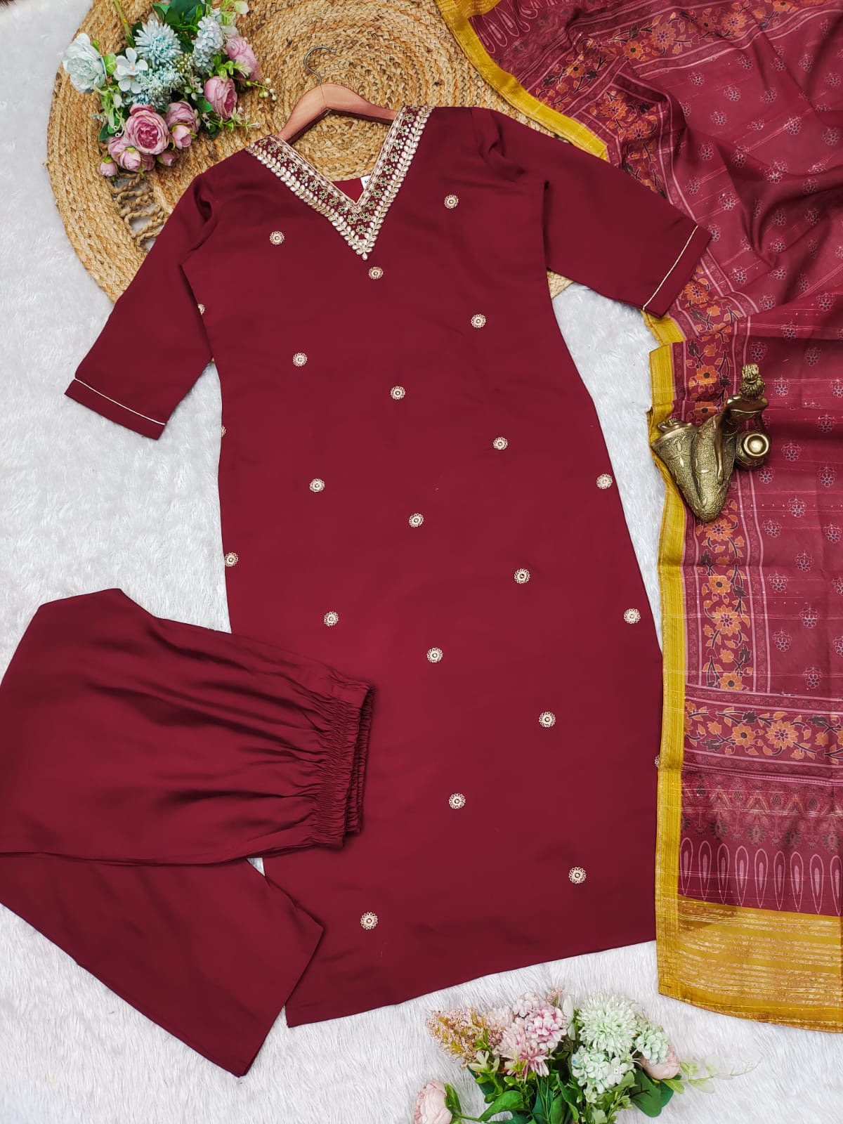 Mahroon Color Heavy Roman Silk With Embroidery Suit Set & Banarasi Jacquard Dupatta