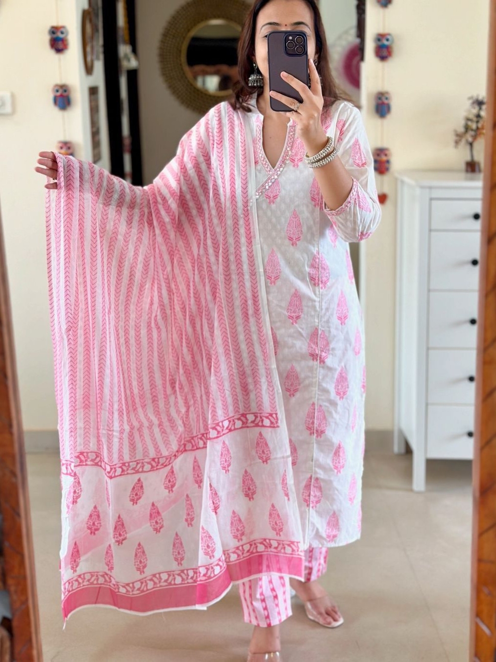 White Pink Color Combination Heavy Cotton Suit With Block Print & Pant Dupatta Set