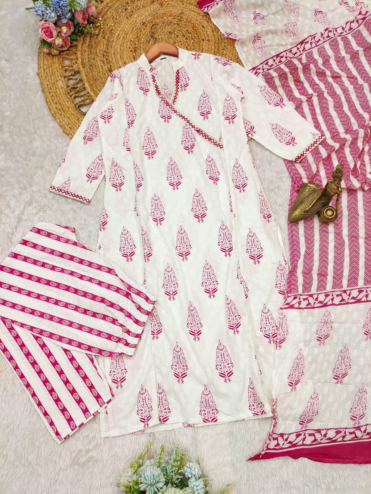 White Pink Color Combination Heavy Cotton Suit With Block Print & Pant Dupatta Set