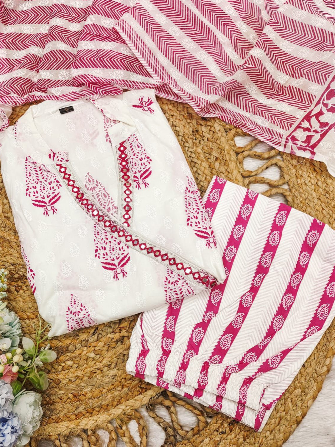 White Pink Color Combination Heavy Cotton Suit With Block Print & Pant Dupatta Set