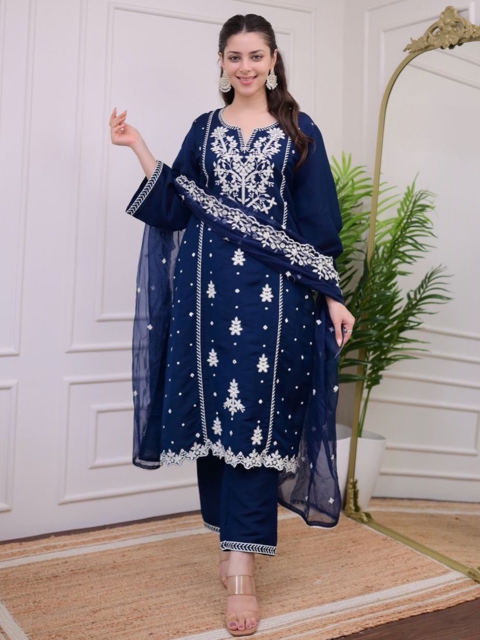 Dark Royal Blue Color Heavy Rayon Orangza Embroidery Kurta With Pant Dupatta