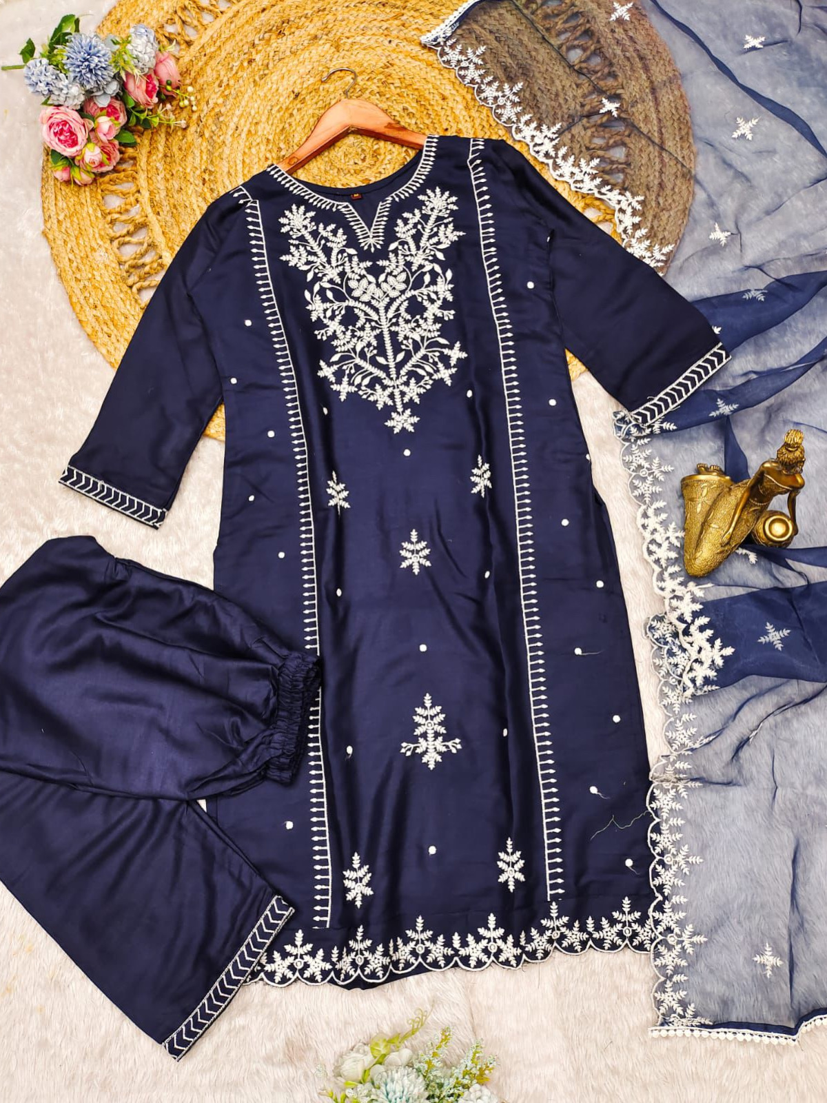 Dark Royal Blue Color Heavy Rayon Orangza Embroidery Kurta With Pant Dupatta