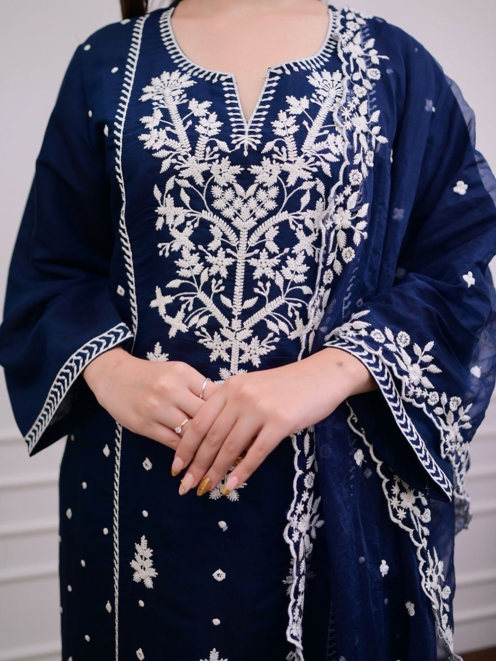 Dark Royal Blue Color Heavy Rayon Orangza Embroidery Kurta With Pant Dupatta