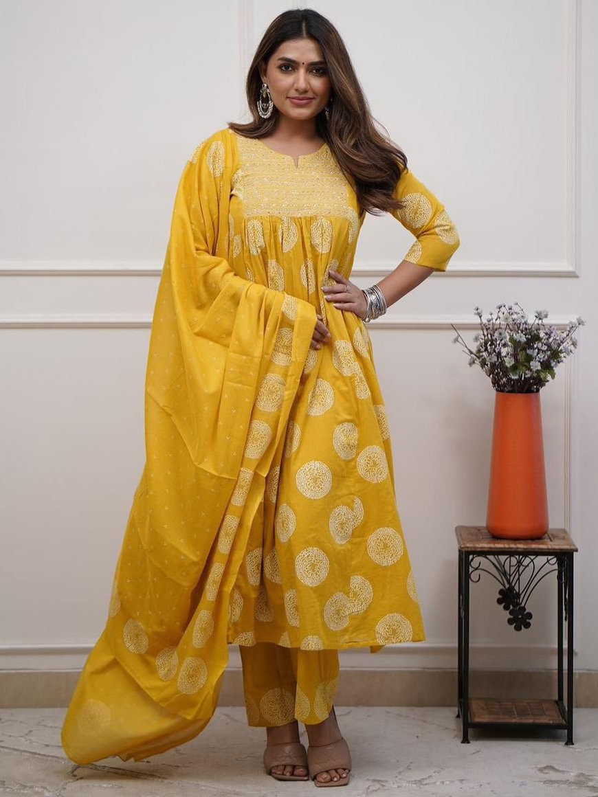 Yellow Color Heavy Cotton Suit With Block Print Embroidery & Pant Dupatta Set