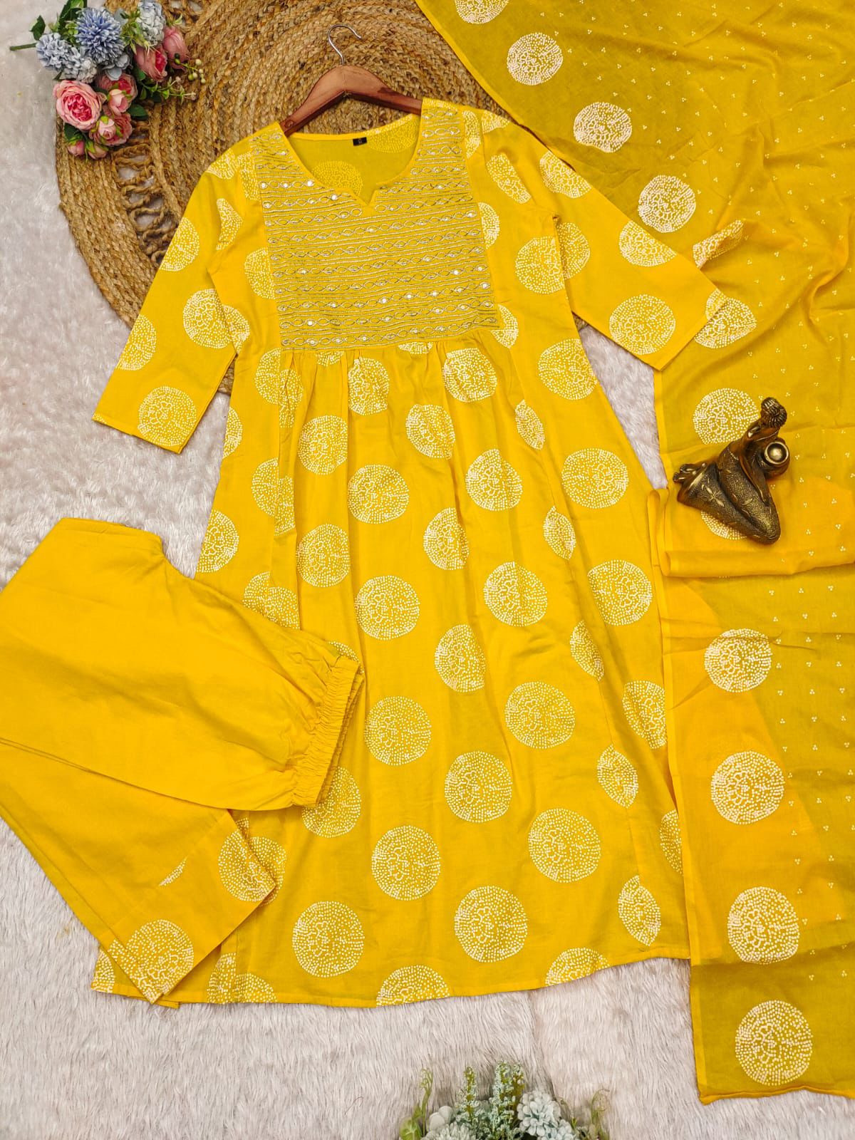 Yellow Color Heavy Cotton Suit With Block Print Embroidery & Pant Dupatta Set