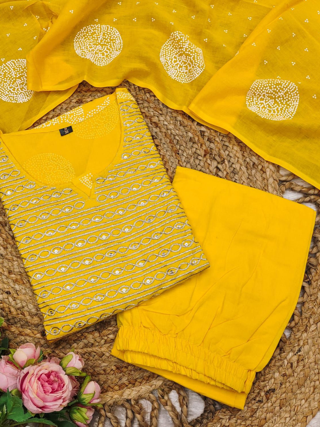 Yellow Color Heavy Cotton Suit With Block Print Embroidery & Pant Dupatta Set