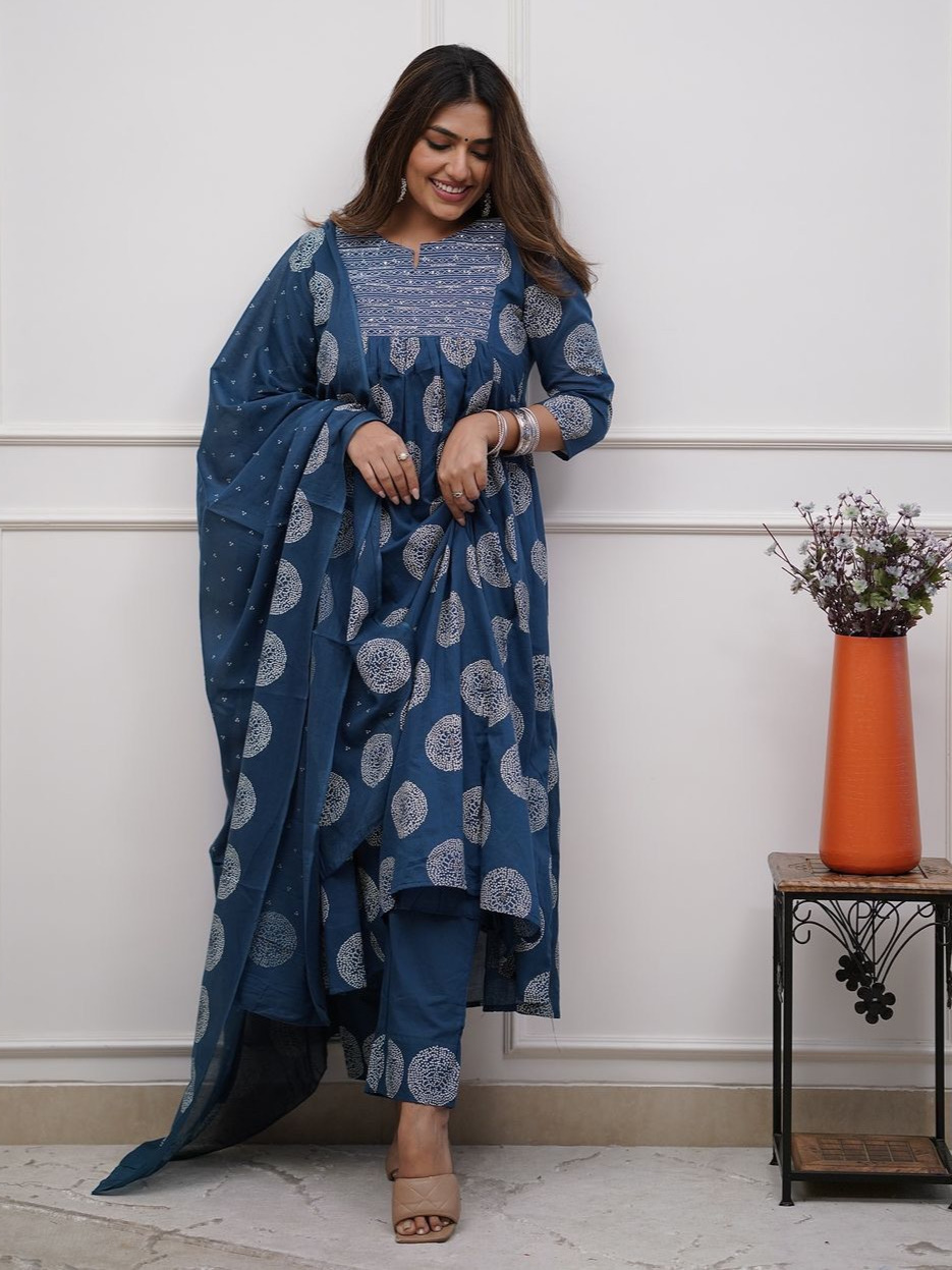 Blue Color Heavy Cotton Suit With Block Print Embroidery & Pant Dupatta Set