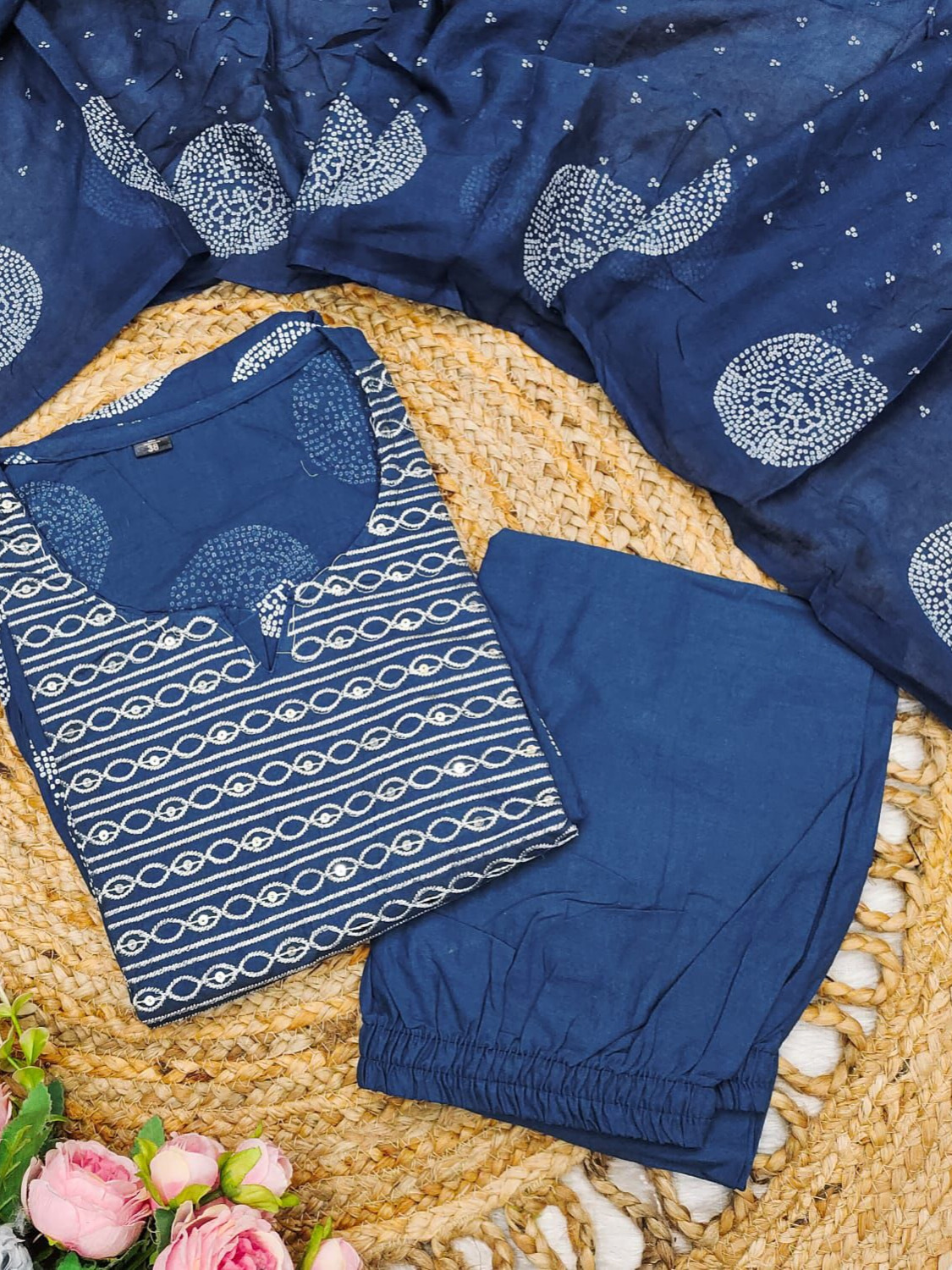 Blue Color Heavy Cotton Suit With Block Print Embroidery & Pant Dupatta Set