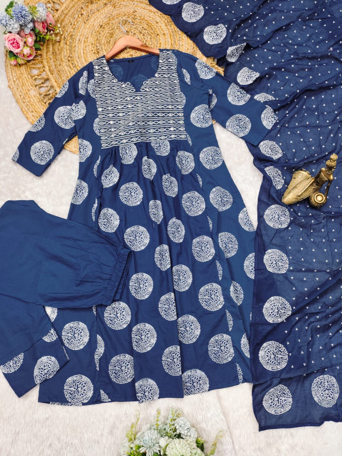 Blue Color Heavy Cotton Suit With Block Print Embroidery & Pant Dupatta Set