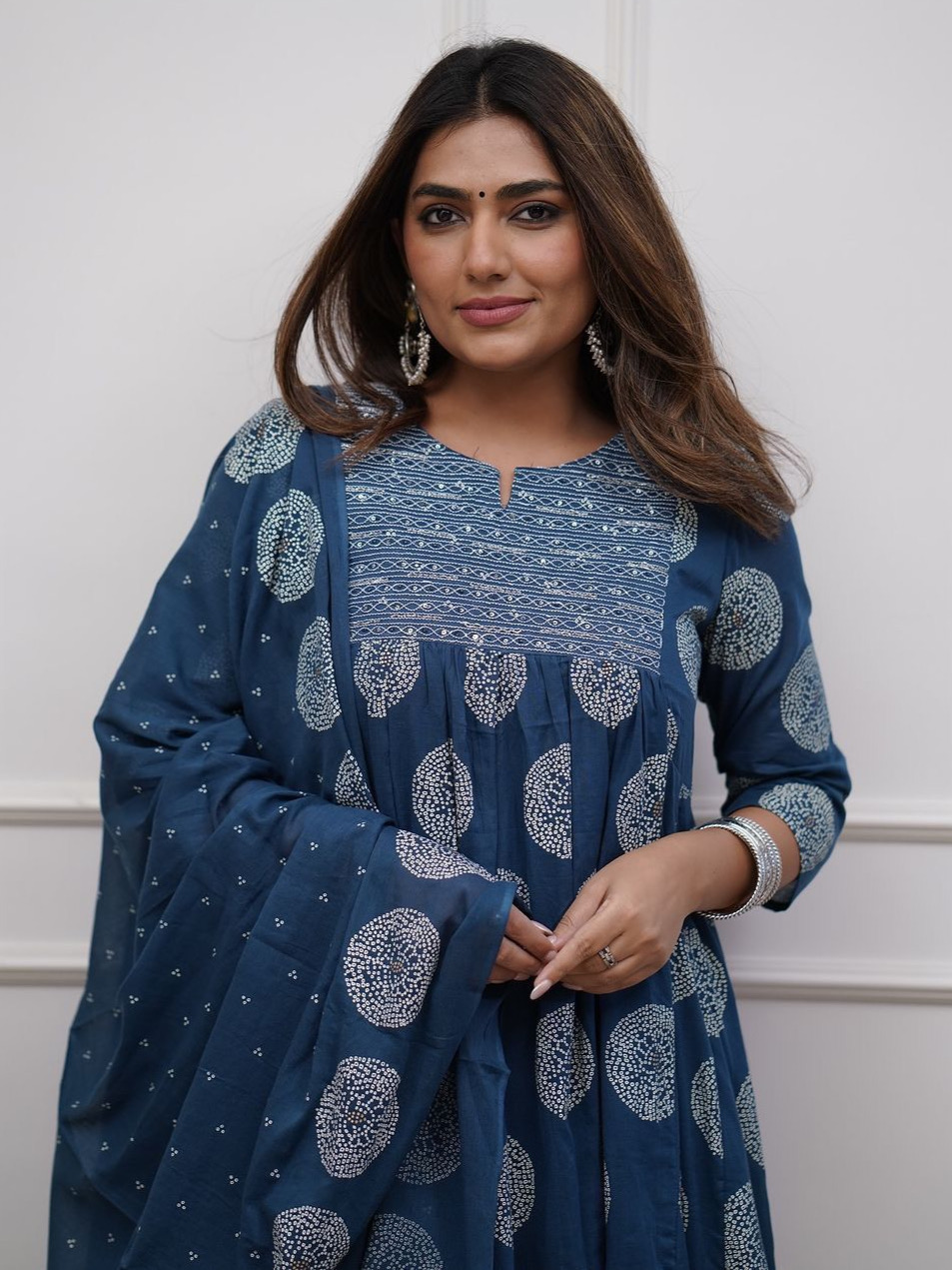 Blue Color Heavy Cotton Suit With Block Print Embroidery & Pant Dupatta Set