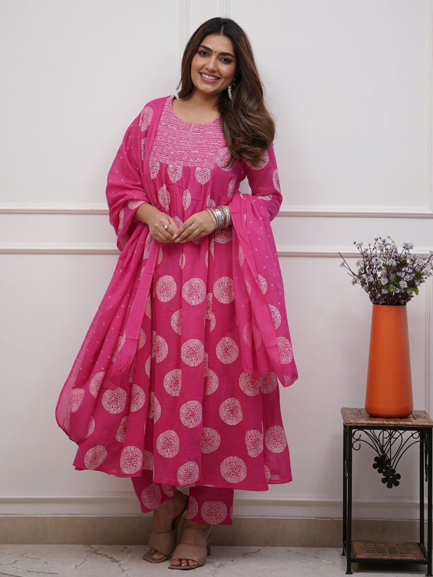 Pink Color Heavy Cotton Suit With Block Print Embroidery & Pant Dupatta Set