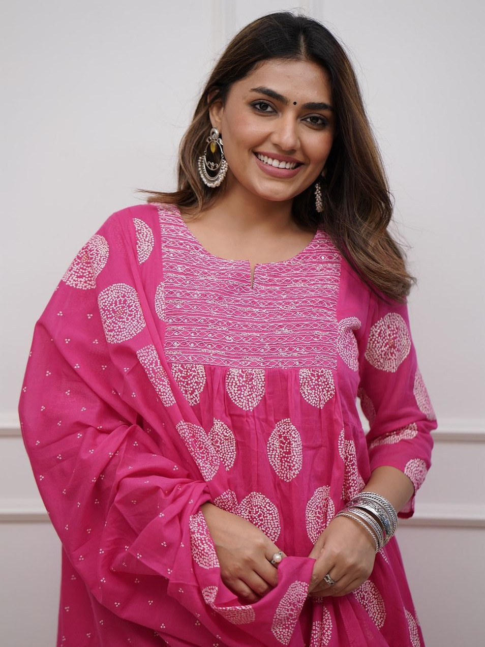 Pink Color Heavy Cotton Suit With Block Print Embroidery & Pant Dupatta Set