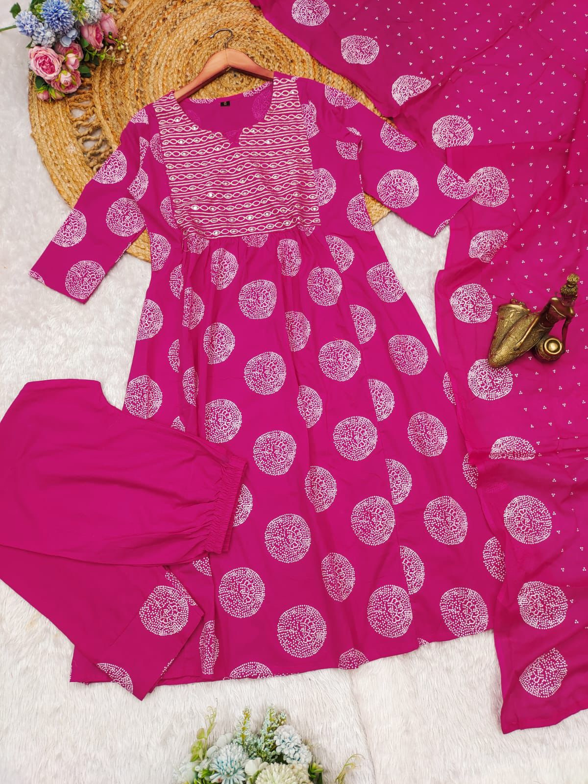 Pink Color Heavy Cotton Suit With Block Print Embroidery & Pant Dupatta Set