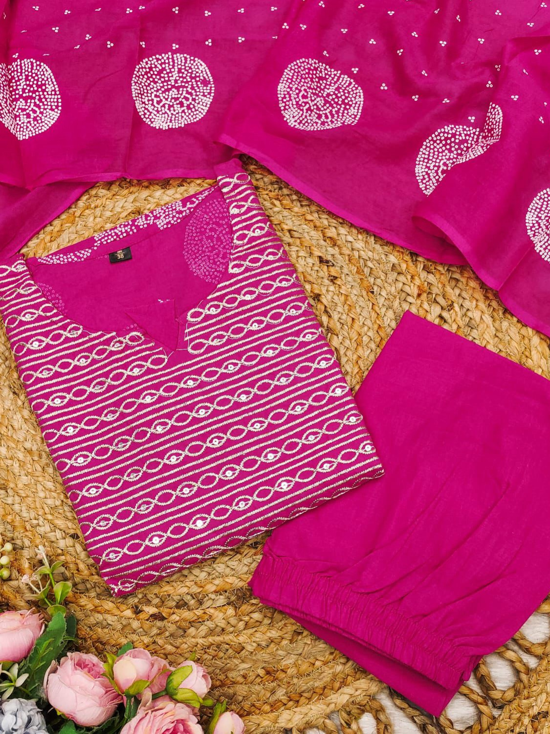 Pink Color Heavy Cotton Suit With Block Print Embroidery & Pant Dupatta Set