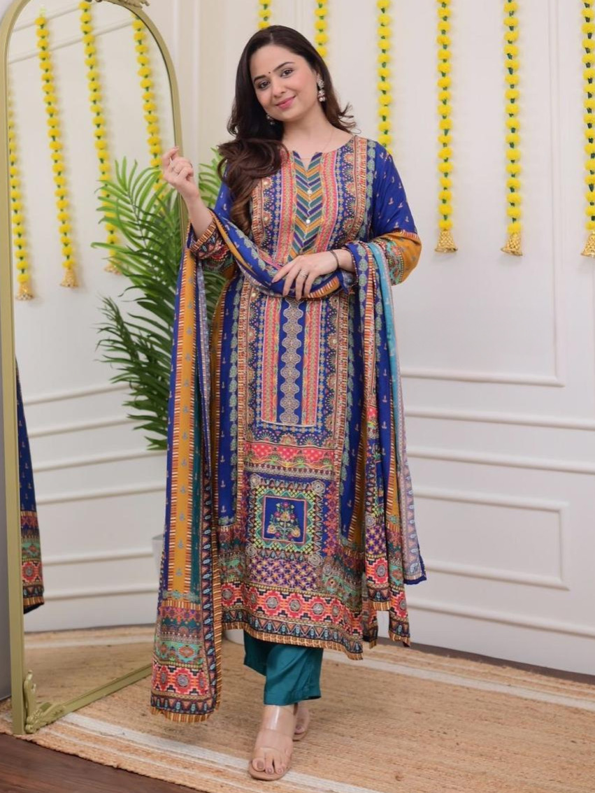 Multi Color Heavy Masleen Printed Digital Print With Work & Pant Dupatta Set