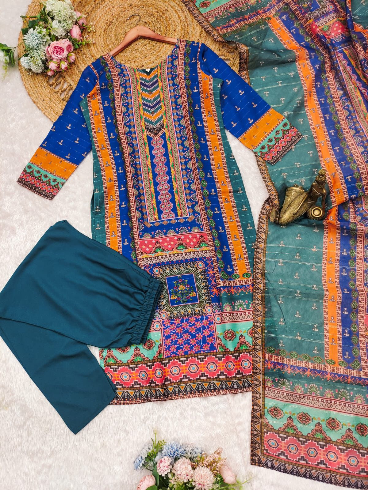 Multi Color Heavy Masleen Printed Digital Print With Work & Pant Dupatta Set