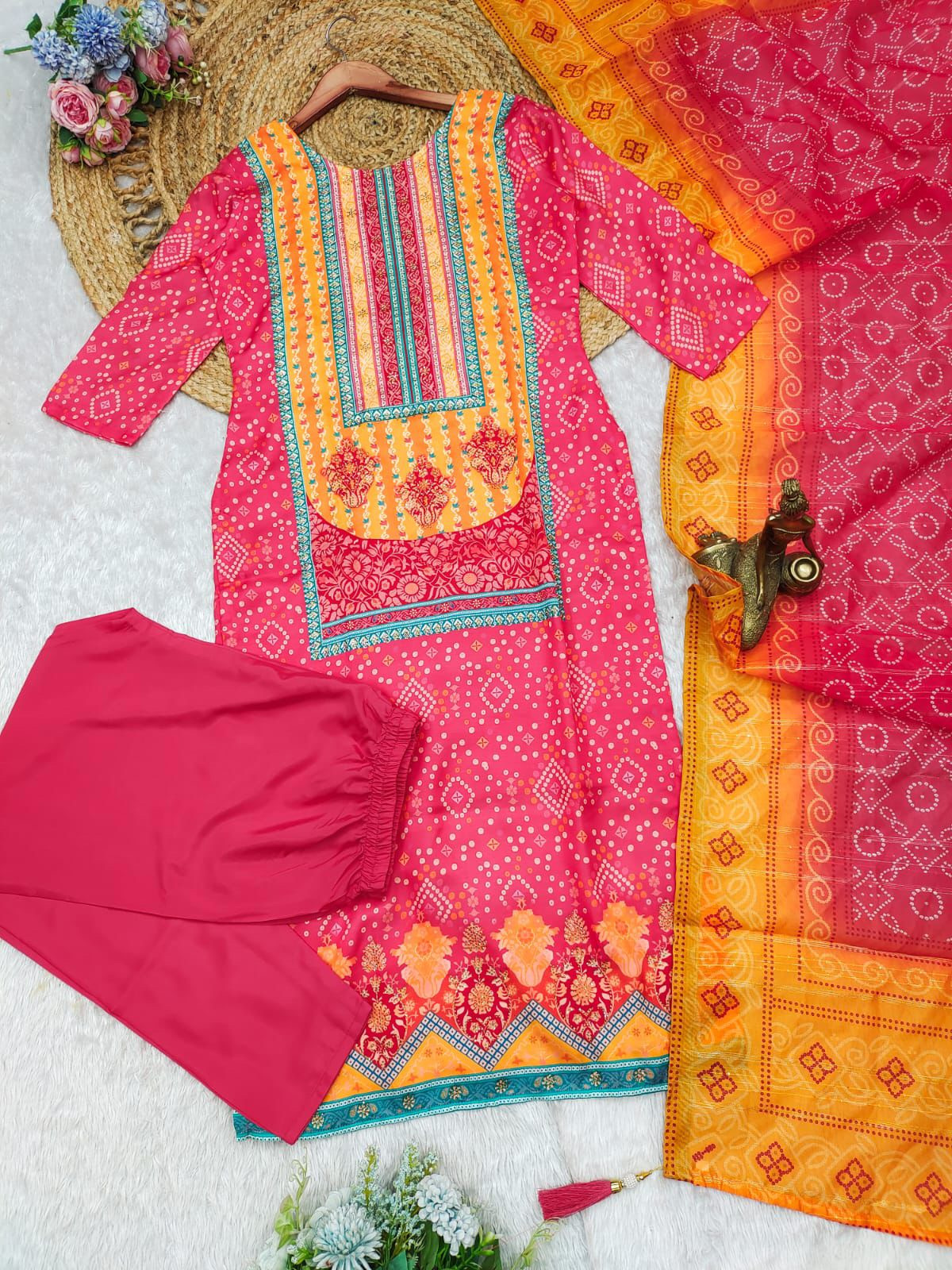 Multi Color Heavy Modal Satin Digital Print Full Work With Lining & Pant Dupatta Set