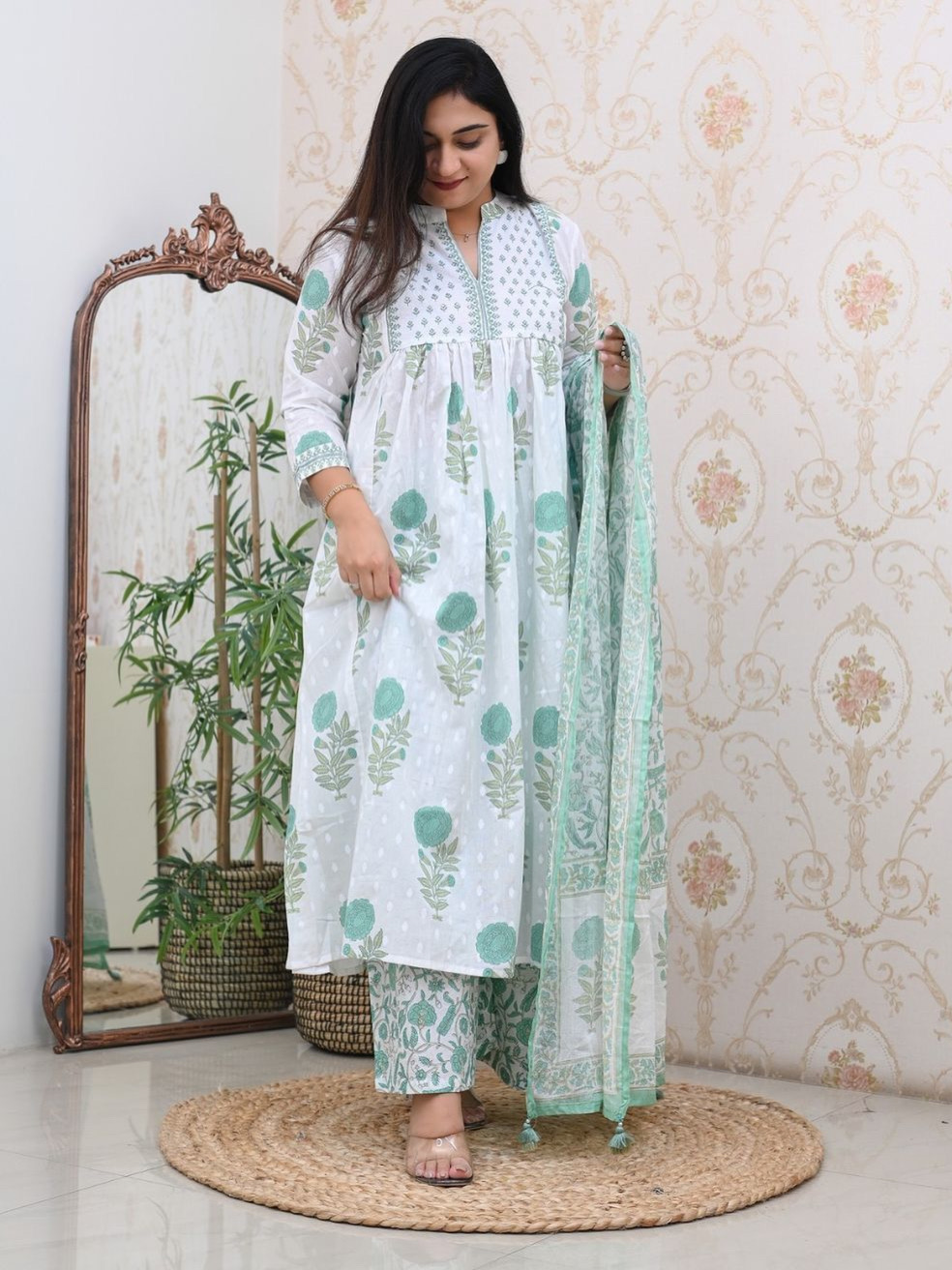 SeaGreen White Color Heavy Fine Cotton Suit Full Flaired Block Print With Embroidery & Pant Dupatta Set