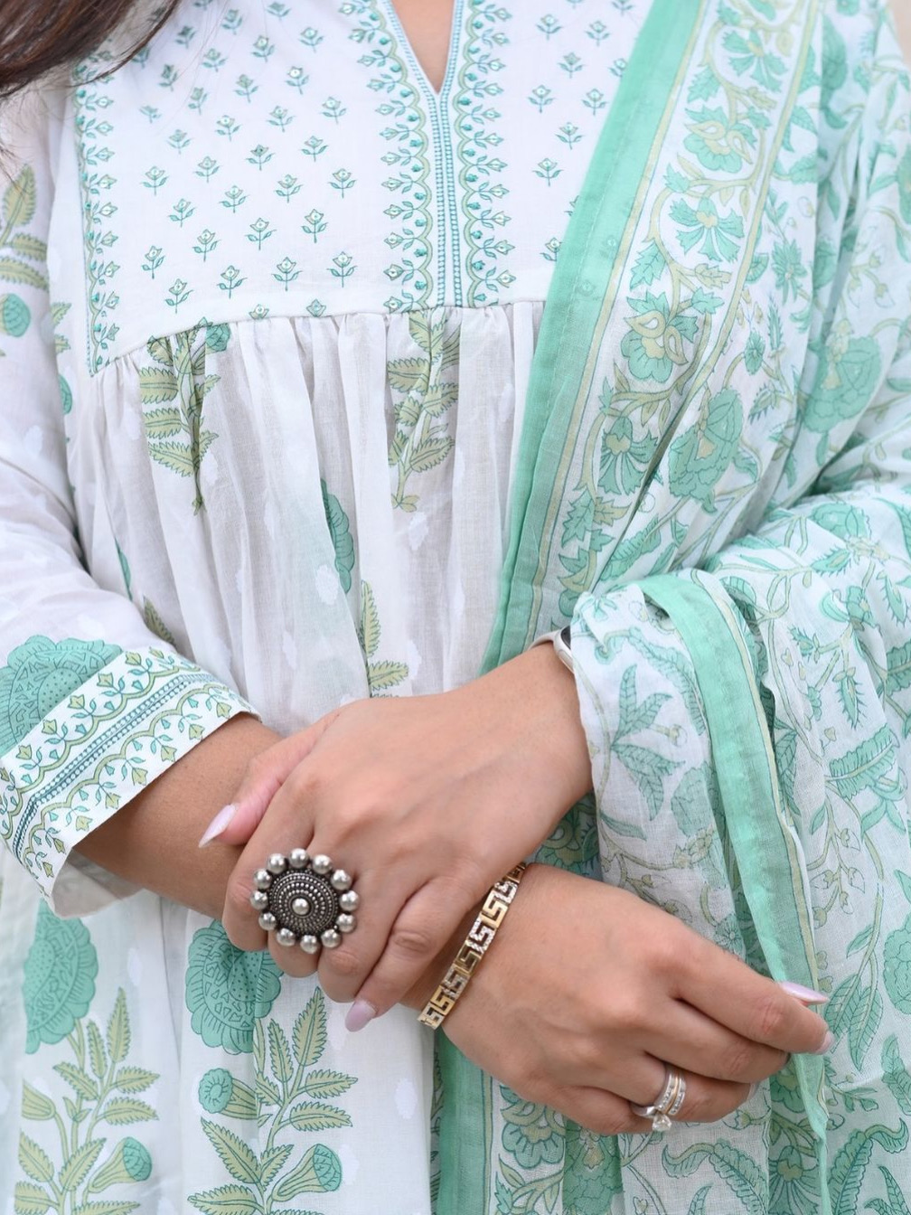 SeaGreen White Color Heavy Fine Cotton Suit Full Flaired Block Print With Embroidery & Pant Dupatta Set