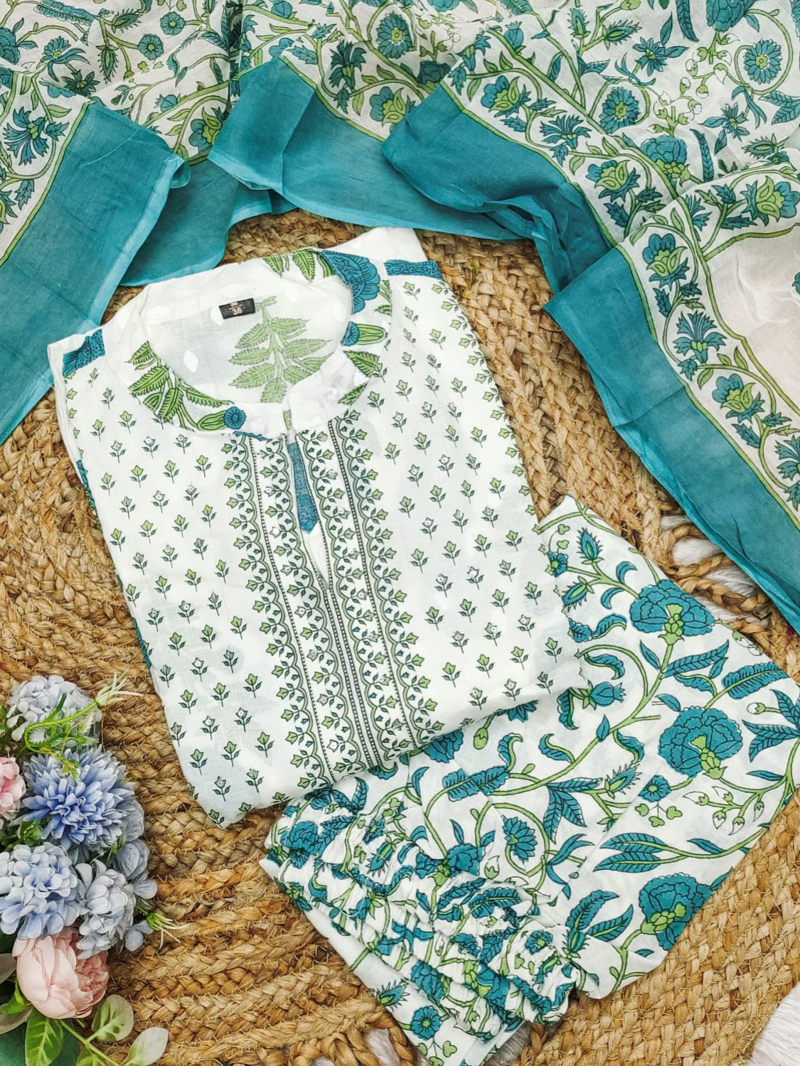 SeaGreen White Color Heavy Fine Cotton Suit Full Flaired Block Print With Embroidery & Pant Dupatta Set