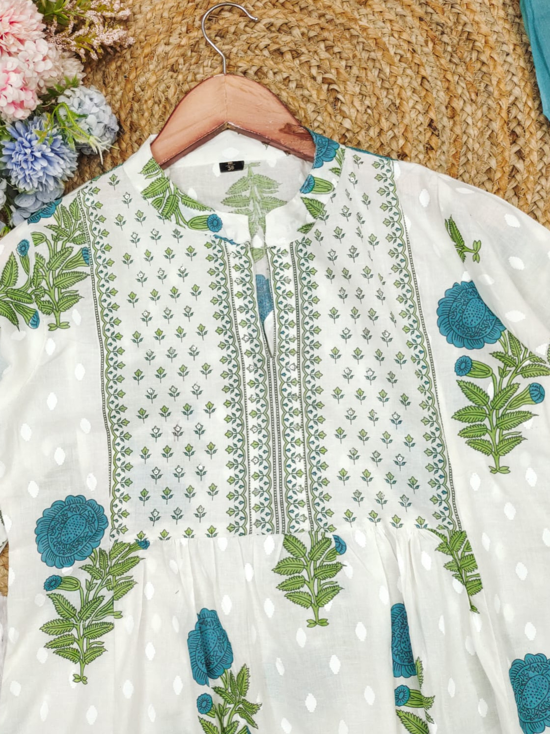 SeaGreen White Color Heavy Fine Cotton Suit Full Flaired Block Print With Embroidery & Pant Dupatta Set