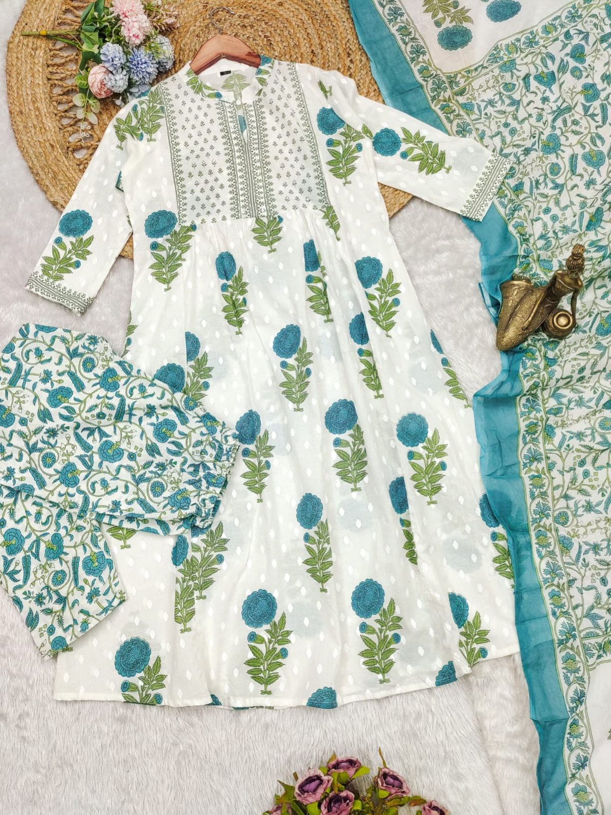 SeaGreen White Color Heavy Fine Cotton Suit Full Flaired Block Print With Embroidery & Pant Dupatta Set