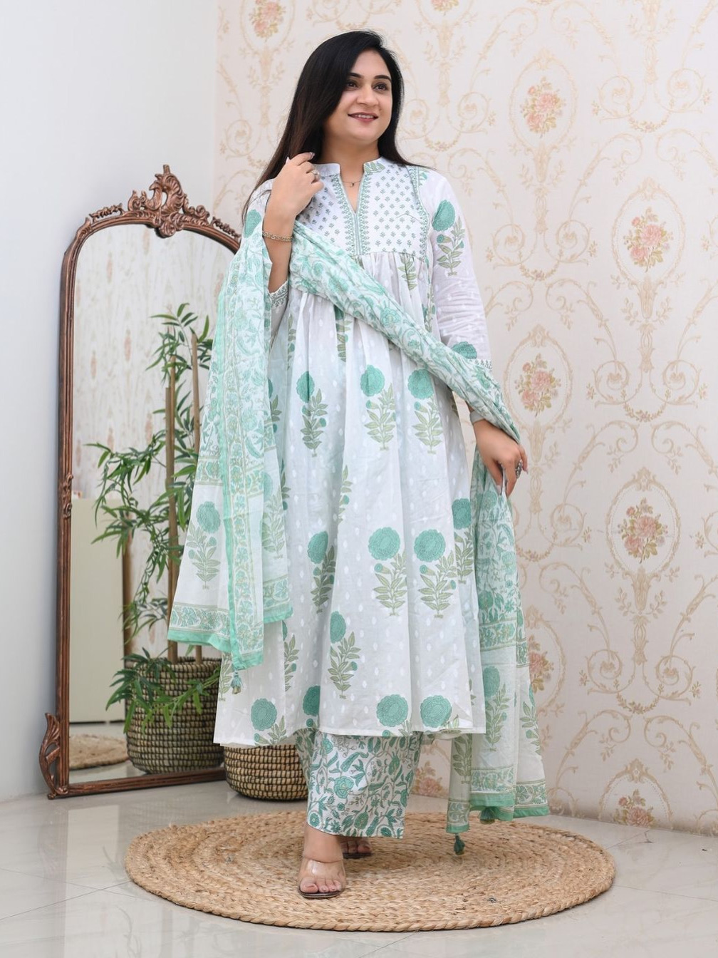 SeaGreen White Color Heavy Fine Cotton Suit Full Flaired Block Print With Embroidery & Pant Dupatta Set