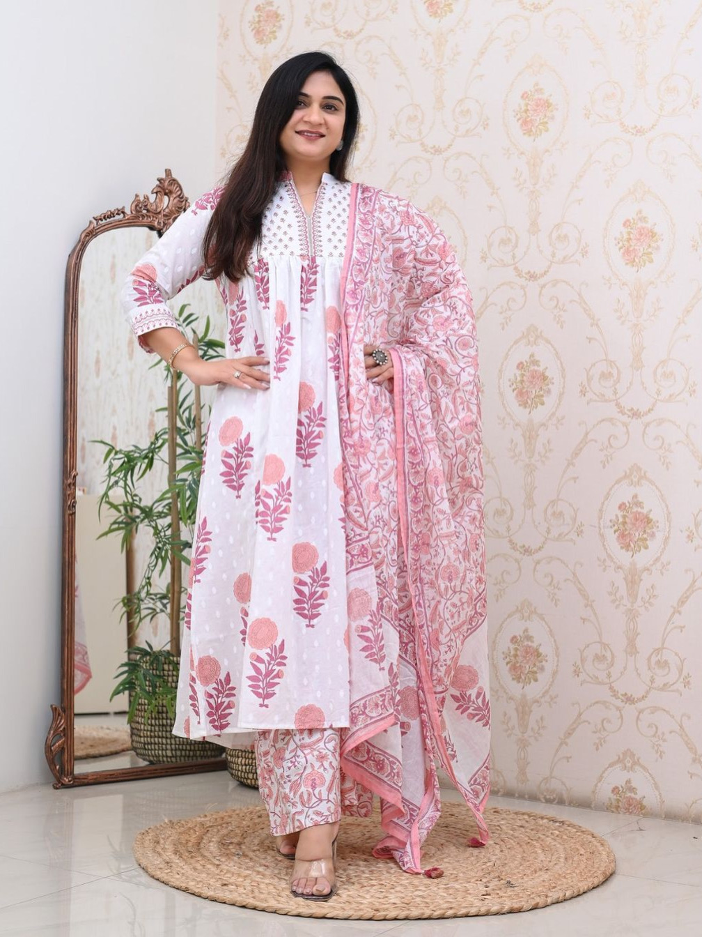 Pink White Color Heavy Fine Cotton Suit Full Flaired Block Print With Embroidery & Pant Dupatta Set