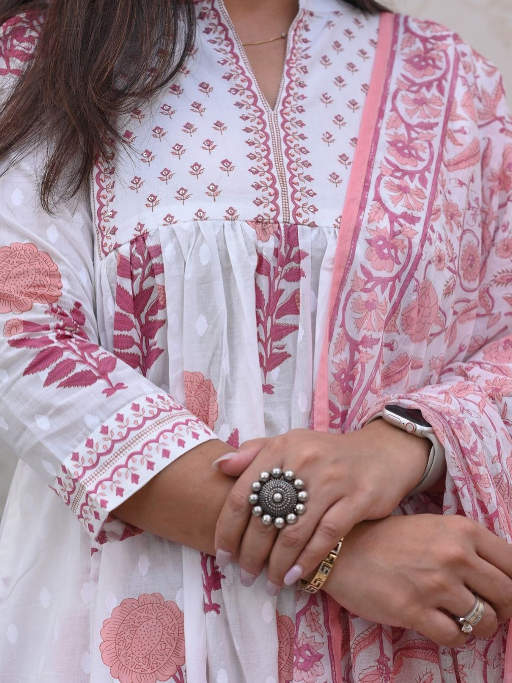 Pink White Color Heavy Fine Cotton Suit Full Flaired Block Print With Embroidery & Pant Dupatta Set