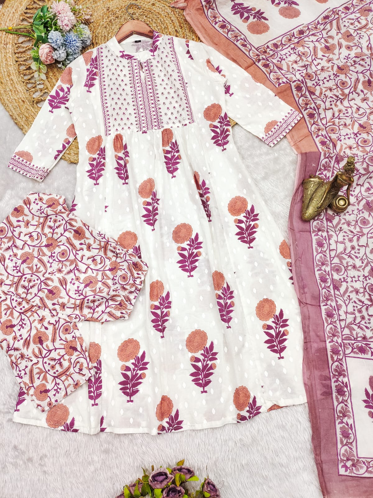 Pink White Color Heavy Fine Cotton Suit Full Flaired Block Print With Embroidery & Pant Dupatta Set