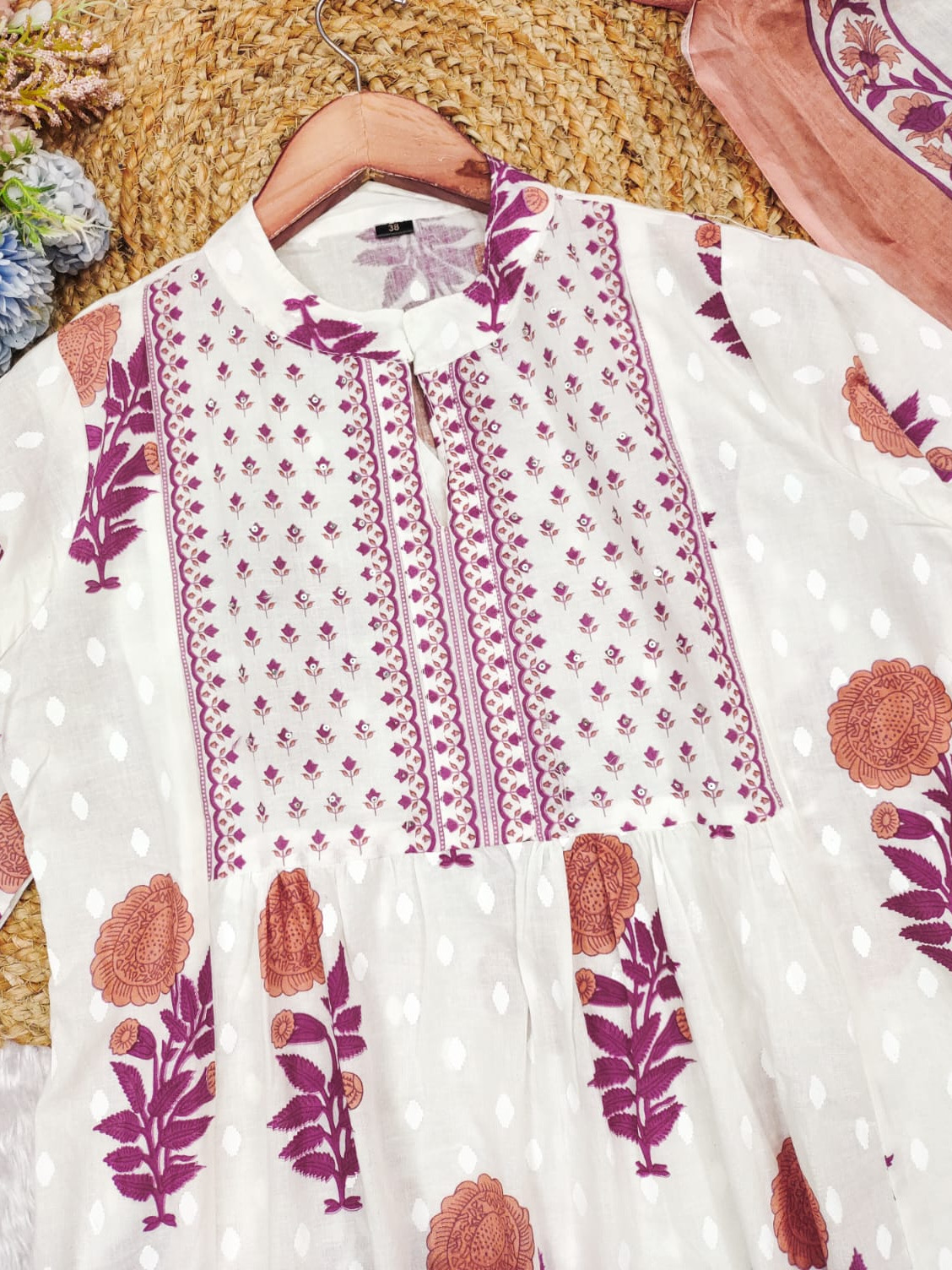 Pink White Color Heavy Fine Cotton Suit Full Flaired Block Print With Embroidery & Pant Dupatta Set