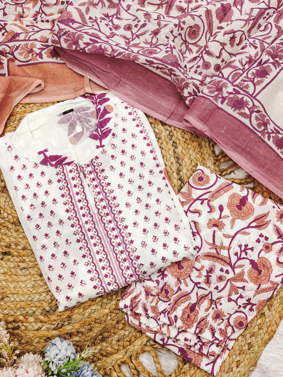 Pink White Color Heavy Fine Cotton Suit Full Flaired Block Print With Embroidery & Pant Dupatta Set